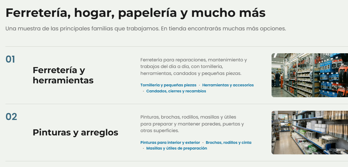 Catálogo de una tienda con las familias de ferretería y pinturas, sus descripciones y fotos de tienda.