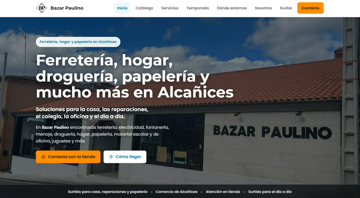 Portada de un comercio en escritorio con navegación, presentación del negocio y fotografía de la tienda.